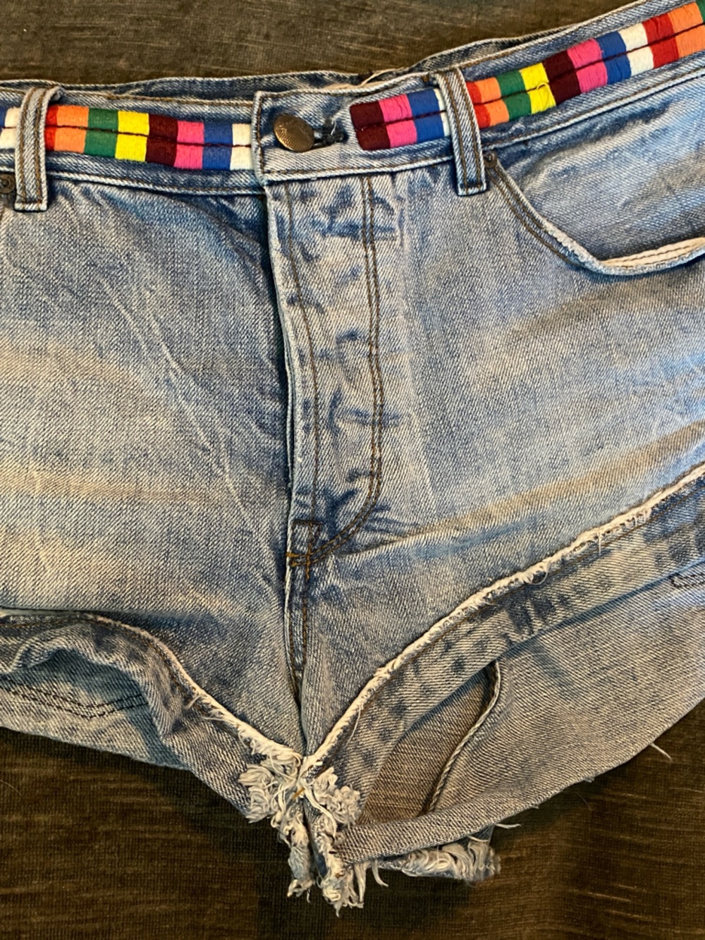 Free People Light Blue Denim Shorts with Multicolor Woven Waistband